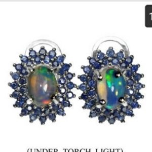 Genuine Opal/Blue Sapphire Halo Earrings